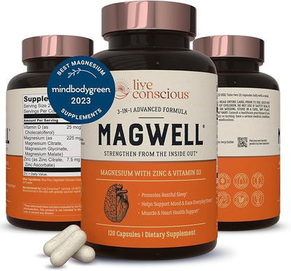 Live Conscious Magnesium Zinc & Vitamin D3 - Bioavailable Forms of Magnesium - Malate, Glycinate, Citrate - MagWell Bone & Heart Health, Immune System Support - 120 Capsules (2-Pack)