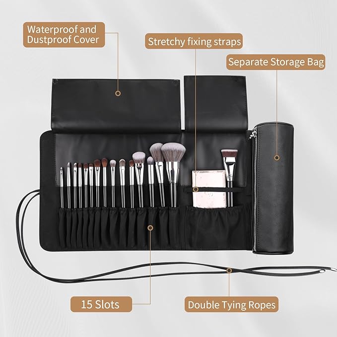 MSQ Makeup Brush Bag Travel Makeup Brush Case Makeup Brush Holder Organizer Cosmetic Bag Portable Roll Up Brush Storage Bag for Makeup Brushes and Cosmetic Essentials (Only Bag)