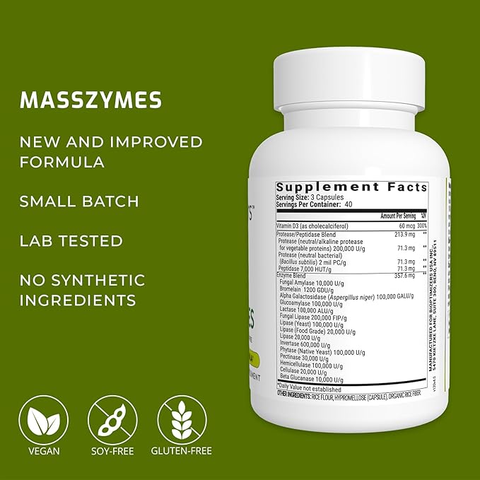 BiOptimizers MassZymes - Complete Digestive Enzymes Supplement for Gut Health - Bloating Relief for Men and Women - Lipase Amylase Bromelain Digestive Enzymes (120 Capsules)