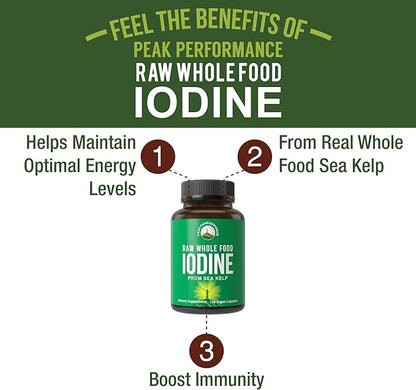 Peak Performance Raw Whole Food Iodine Supplement from Organic Kelp (Ascophyllum Nodosum) Potassium Iodide Support Tablets. for Metabolism, Energy, and Immune. 120 Vegan Capsules, Pills.