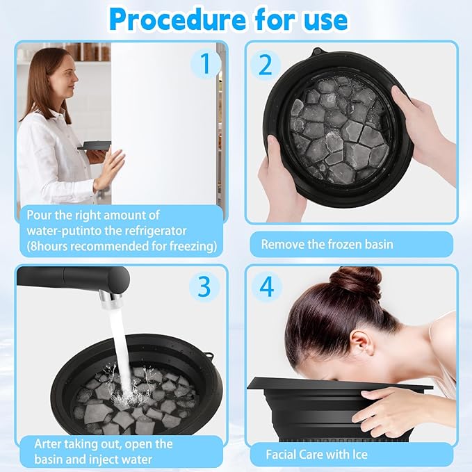 Facial Cold Plunge Bowl with Reusable Ice Cubes - Foldable, Durable Silicone Design for Face Ice Baths & Beauty Care(Black)