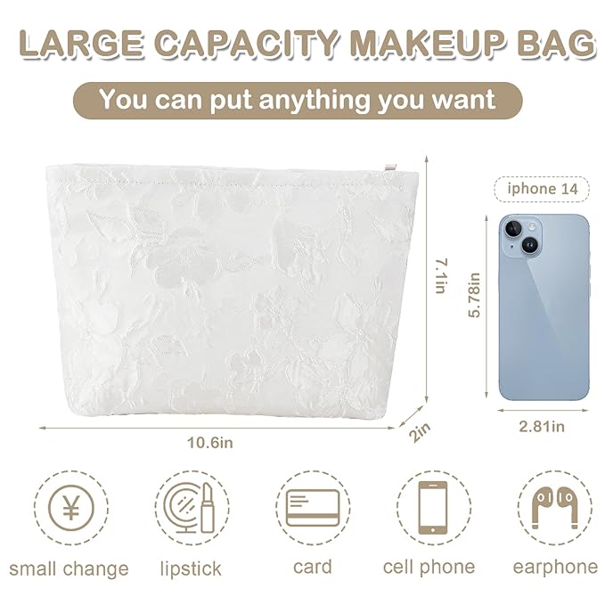 ZLFSRQ Flower Makeup Bag for Women Girls Teens Travel Cute Floral Cosmetic Bags Large Zipper Cosmetic Pouch for Purse Portable Toiletry Bag Aesthetic Embossed White Makeup Brushes Storage Organizer