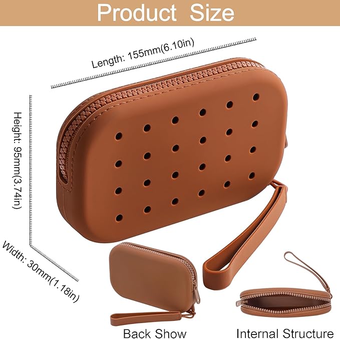 Portable Silicone Makeup Bag for Women, Small Travel Toiletry Cosmetic Bag with Decorative Holes, Zipper Closure Organizer Makeup Case with Handle (Brown)