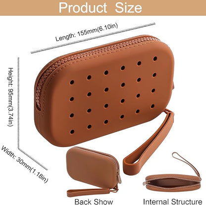 Portable Silicone Makeup Bag for Women, Small Travel Toiletry Cosmetic Bag with Decorative Holes, Zipper Closure Organizer Makeup Case with Handle (Brown)