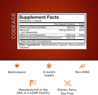 Codeage ADK Vitamins Supplement - Essential Vitamin A, Vitamin D3 5000 IU, Vitamin K1 & K2 (MK4 & MK7) - 6-Month Supply - A D K Vitamins, 1 Capsule per Serving, Non-GMO, Gluten-Free - 2-Pack