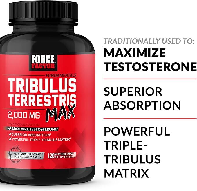 FORCE FACTOR Tribulus Terrestris Max for Men 2-Pack, Testosterone Booster, Male Vitality Supplement, Made with Key Natural Ingredients Superior Absorption, 2000mg, 240 Capsules, Red