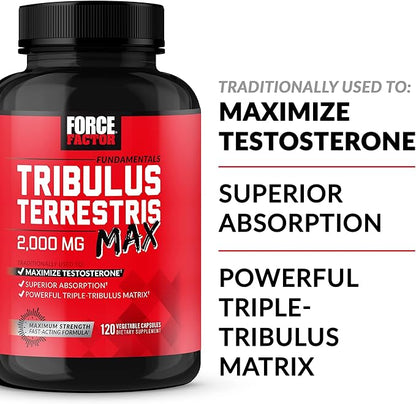 FORCE FACTOR Tribulus Terrestris Max for Men 2-Pack, Testosterone Booster, Male Vitality Supplement, Made with Key Natural Ingredients Superior Absorption, 2000mg, 240 Capsules, Red