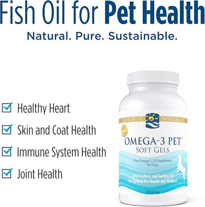 Nordic Naturals Omega-3 Pet, Unflavored - 120 Soft Gels - 330 mg Omega-3 Per Soft Gel - Fish Oil for Dogs with EPA & DHA - Promotes Heart, Skin, Coat, Joint, & Immune Health