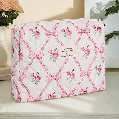 Quilted Makeup Bag,Bow Makeup Bag,Cotton Makeup Bag Set for Women,Travel Makeup Bag,Large Toiletry Cosmetic Bag Makeup Bag Organizer for Women Girls (M5-1PC)