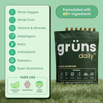 Gruns Adult Super Greens Gummies - Superfood Gummy Bears with Spirulina, Chlorella & Prebiotics for Digestive Health - Adaptogens Supplement with 20 Vitamins & Minerals, Low Sugar- 2-Week Supply