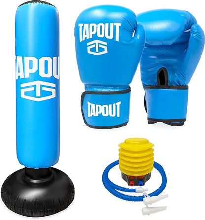 TAPOUT Kids Blue Boxing Kit: 8 oz Gloves, Inflatable Punching Bag with Pump, Mesh Carrying Bag Included
