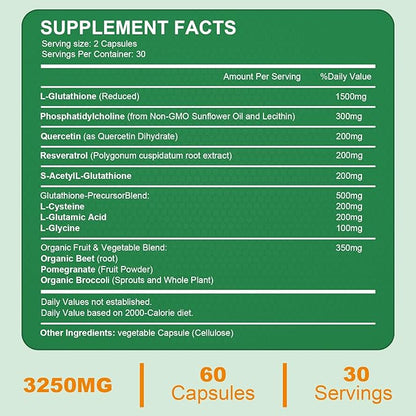 3250 MG Liposomal Glutathione Supplement,Reduced L-Glutathione with Resveratrol,Quercetin, Antioxidant Supplement for Immune System,Gluten Free & Non-GMO, 180 Capsules
