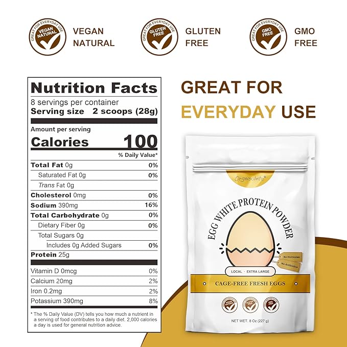 Orgnisulmte Egg White Protein Powder 8 Oz, Pasteurized Dried Egg Whites Protein, Gluten-Free, Non-GMO, Unflavored, Free Range High Whip for Baking, Desserts 227g