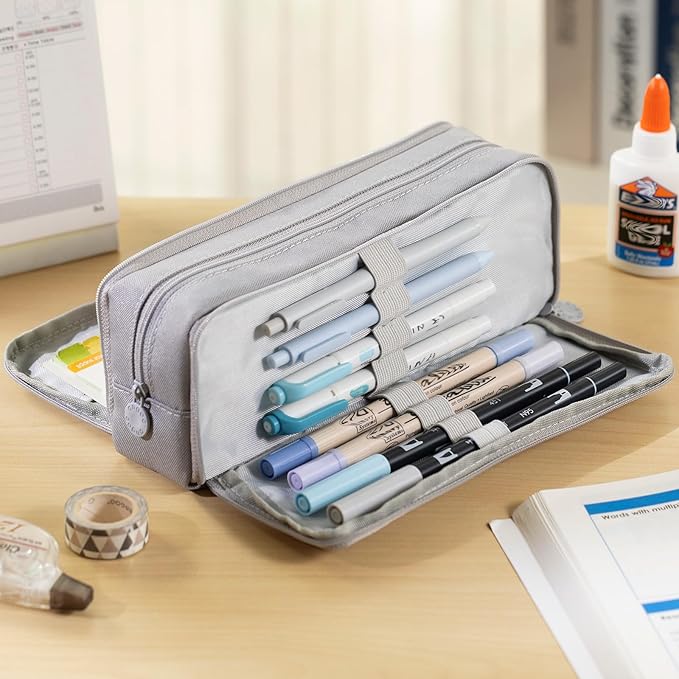 CICIMELON Large Capacity Pencil Case 3 Compartment Pouch Pen Bag for School Teen Girl Boy Men Women (Gray)