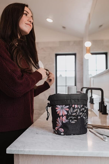 Jadyn Durable Cinch Top Makeup Organizer - Compact Travel Makeup Bag - 7 Interior Pockets for Cosmetics - Drawstring Toiletry Travel Bag for Women - 6L Storage Capacity - (Black Floral)