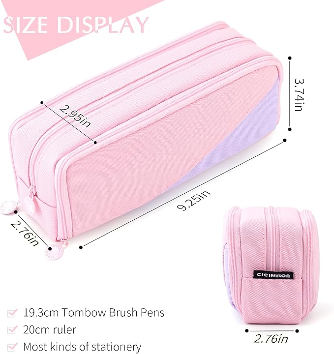 CICIMELON Big Capacity Pencil Case 3 Compartments Pen Pouch Bag Multifunctional Organizer for School Office, Rose Pink