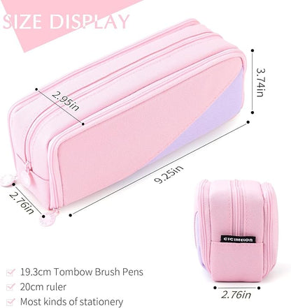 CICIMELON Big Capacity Pencil Case 3 Compartments Pen Pouch Bag Multifunctional Organizer for School Office, Rose Pink