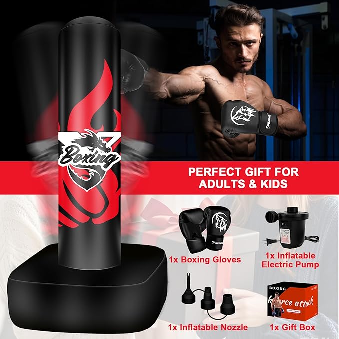 Standing Punching Bag for Adult Teens, 70" Freestanding Punching Bag with Boxing Gloves and Electric Air Pump for Beginners Kickboxing Training MMA Muay Thai Fitness Office Home Gym