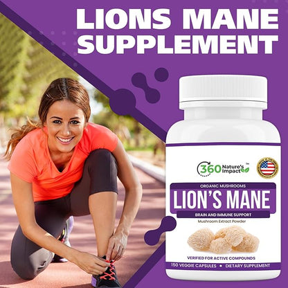360 Nature's Impact Lions Mane Mushroom Supplement Capsules (150 Capsules) for Brain Health Support Supplement, Organic Supplement with Beta-Glucans & Hypromellose for Cognitive System