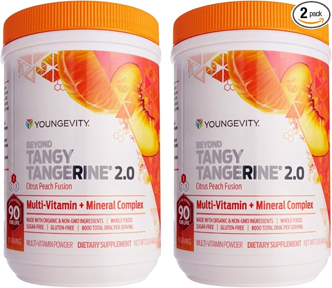 Youngevity Beyond Tangy Tangerine 2.0 Citrus Peach Ultimate Multi-Vitamin & Mineral Complex - Made with Natural & Whole Foods | 8,000 ORAC | 2 Canisters