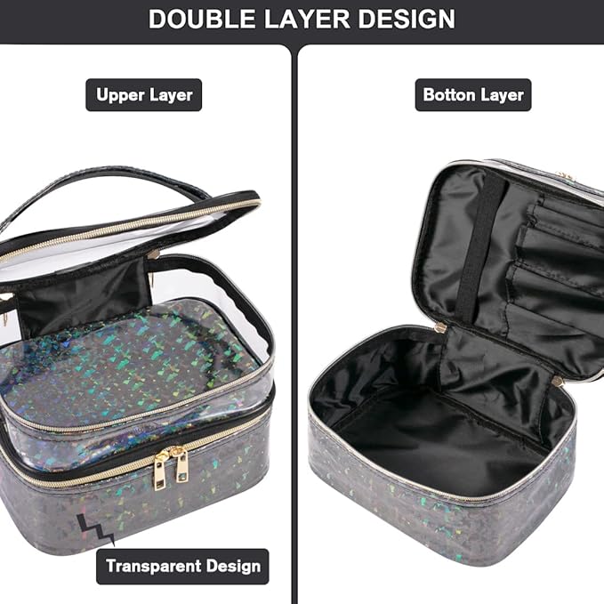 FITINI 3 Pieces Makeup Bags Double Layer Travel Large Holographic Cosmetic Cases Organizer Toiletry Bags Waterproof Small Zipper Pouch for Women Makeup Brush Storage Bag,Black