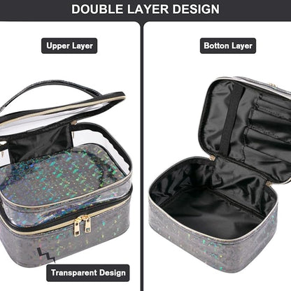 FITINI 3 Pieces Makeup Bags Double Layer Travel Large Holographic Cosmetic Cases Organizer Toiletry Bags Waterproof Small Zipper Pouch for Women Makeup Brush Storage Bag,Black