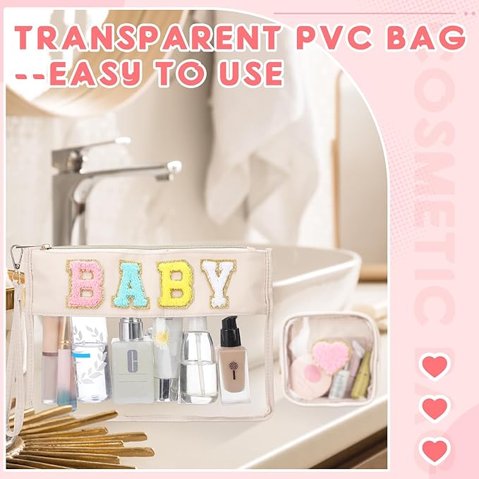 Hillban 2 Pcs Baby Bag Set Chenille Letter Bags Preppy Patch Makeup Pouch Baby Travel Pouch Waterproof Portable Toiletry Storage for Women Mom
