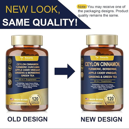 18-in-1 Ceylon Cinnamon 8000mg, Made in USA, 2000mg Apple Cider Vinegar 2000mg Turmeric 1000mg Berberine 1000mg Ginseng Plus Bitter Melon for Gut, Metabolism & Heart, 120 Vegan Capsules