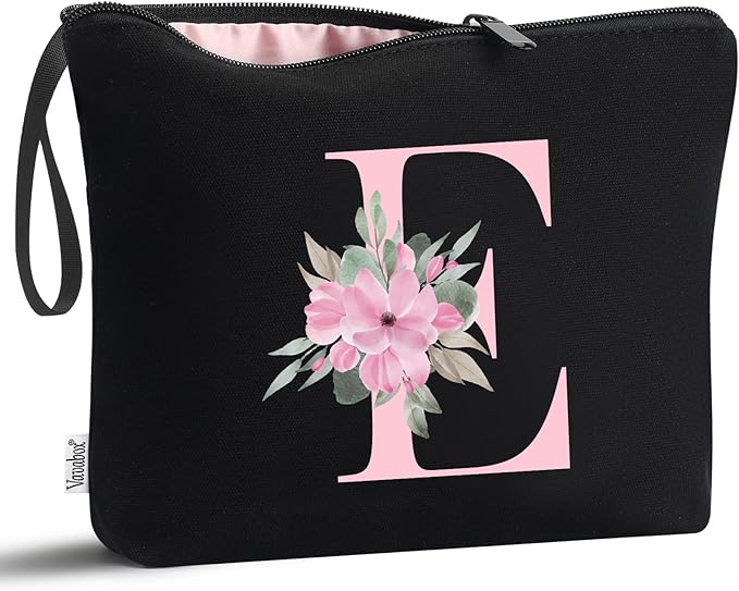 Vavabox A-Z Personalized Makeup Bag, Birthday Gifts for Women Mom, Gifts for Best Friend, Bride Bridesmaid Cosmetic bag (E, Black)