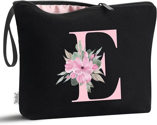 Vavabox A-Z Personalized Makeup Bag, Birthday Gifts for Women Mom, Gifts for Best Friend, Bride Bridesmaid Cosmetic bag (E, Black)