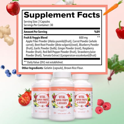 Vital Super Fruits & Veggies - Daily Superfood Capsules for Adults - Fruit & Vegetable Supplements to Boost Immunity & Energy - 2-in-1 Formula for Overall Wellness - Fruit and Vegetable Capsules