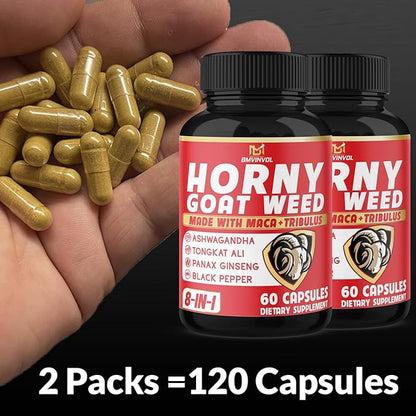 BMVINVOL Horny Goat Weed Capsules with Tribulus, Ginseng, Ashwagandha, Maca, Tongkat Ali - (2 Packs) 120 Capsules