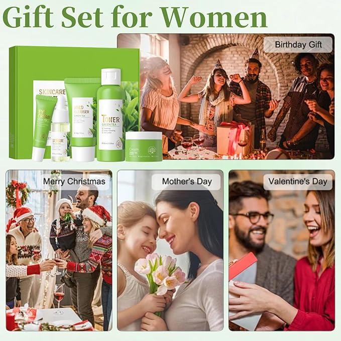 Green Tea Skin Care Kit Teenage Girls Gifts - Teen Skin Care Set - with Face & Eye Cream,Toner,Serum,Cleanser Face Wash - Easter Gifts for Women - Travel Essentials for Women (5PCS)