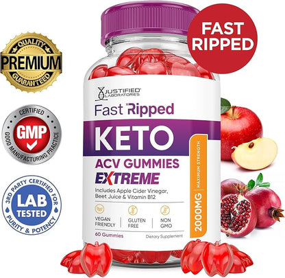 Fast Ripped Keto ACV Gummies Extreme 2000MG Fast Ripped Keto Gummies Apple Cider Vinegar Formulated with Pomegranate Beet Juice Powder B12 Vegan Non GMO 60 Gummys