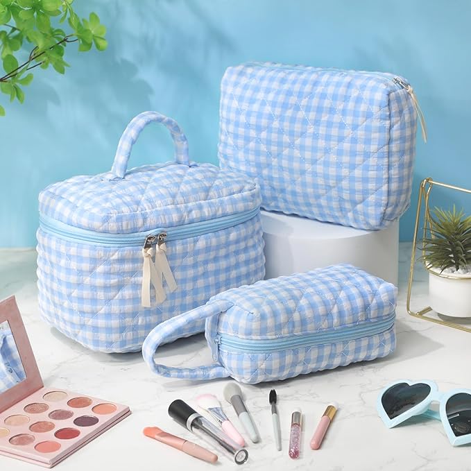 Paterr 3 Pieces Cotton Quilted Makeup Bag Set Coquette Cosmetic Bag Aesthetic Travel Toiletry pouch Cute Pouch Kawaii Aesthetic for Women(Blue,White and Blue Plaid)