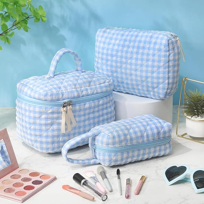 Paterr 3 Pieces Cotton Quilted Makeup Bag Set Coquette Cosmetic Bag Aesthetic Travel Toiletry pouch Cute Pouch Kawaii Aesthetic for Women(Blue,White and Blue Plaid)