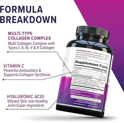 Vitauthority Multi Collagen Pills for Women and Men High Absorption Hydrolyzed Collagen Peptides Capsules for Hair Skin and Nails with Types I II III V X Hyaluronic Acid and Vitamin C - 60 Servings