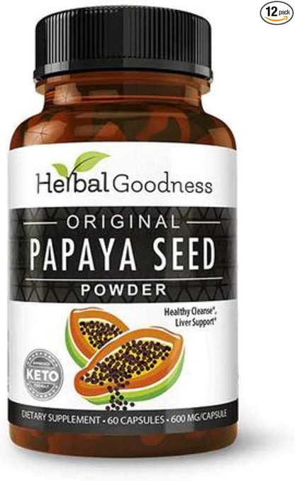Herbal Goodness Papaya Seeds Capsules 60ct - Provides Health Support for Your Gut and Digestive System- 100% Natural Detox Cleanse for Humans - Body Detox and Colon Broom Formula - 12 Bottles