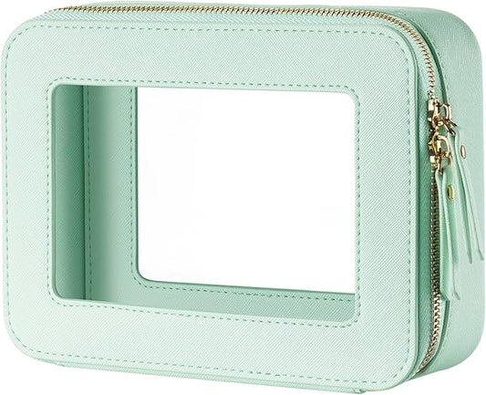 Keains Clear Makeup Bag for Women，Cosmetic Organizer Case Transparent Waterproof Travel Toiletry Bag with Zipper，Portable Make Up Organizer Traveling Compact Car Bag for Essentials（Mint Green）