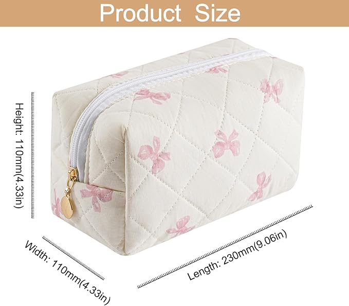 Quilted Cotton Makeup Bag Travel Cosmetic Bag for Women Girls, Zipper Make Up Pouch, Bow Pattern Toiletry Organizer Makeup, Portable Storage Bag (Pink Bow Tie)