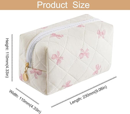 Quilted Cotton Makeup Bag Travel Cosmetic Bag for Women Girls, Zipper Make Up Pouch, Bow Pattern Toiletry Organizer Makeup, Portable Storage Bag (Pink Bow Tie)