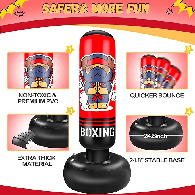 Inflatable Punching Bag for Kids, 65 Inch Kids Punching Bag with Gloves for Boys & Girls, Kicking Bag Boxing Set for Practicing Karate, Taekwondo, MMA