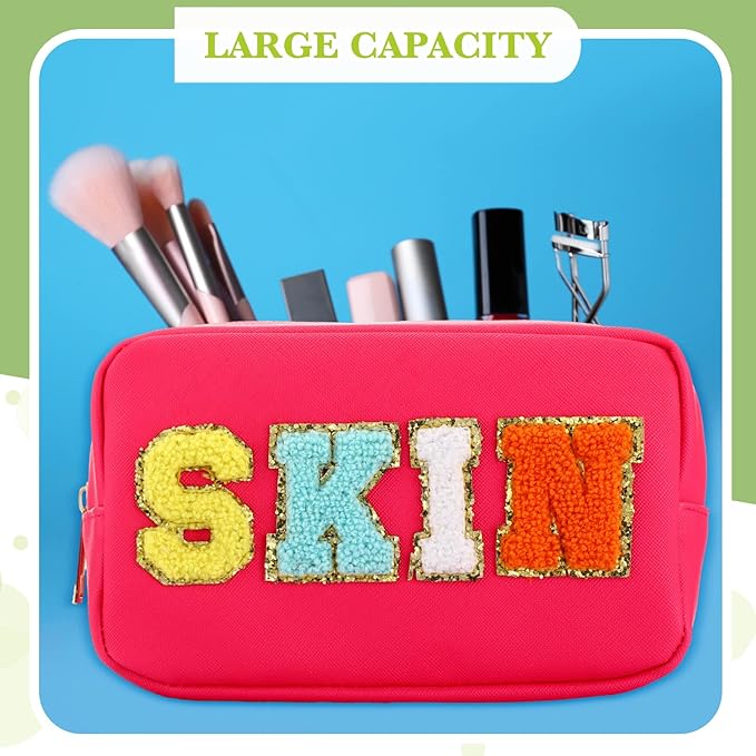 Sanwuta 4 Pcs Hair Face Skin Travel Bag Set Preppy Makeup Pouch PU Leather Skincare Bag Waterproof Cosmetic Organizer Birthday Christmas Gifts(Yellow, Blue, Green, Rosy,Fresh Style)
