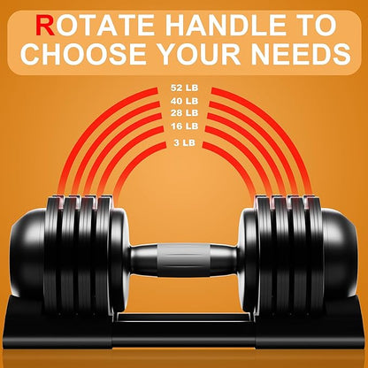 Adjustable Dumbbell,22LBS 44LBS 52LBS Dumbbell Set with Tray for Fitness, Fast Adjust Weight by Turning Anti-Slip Handle, Safety with 8 Lock Slots, Suitable for Men and Women