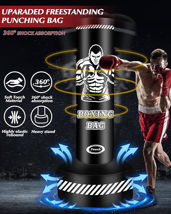 Standing Punching Bag for Adults Teens, 70" Heavy Punching Bag with Stand, Heavy Bag Inflatable Kick Boxing Bag Training Equipment Bags for Training MMA Muay Thai Fitness