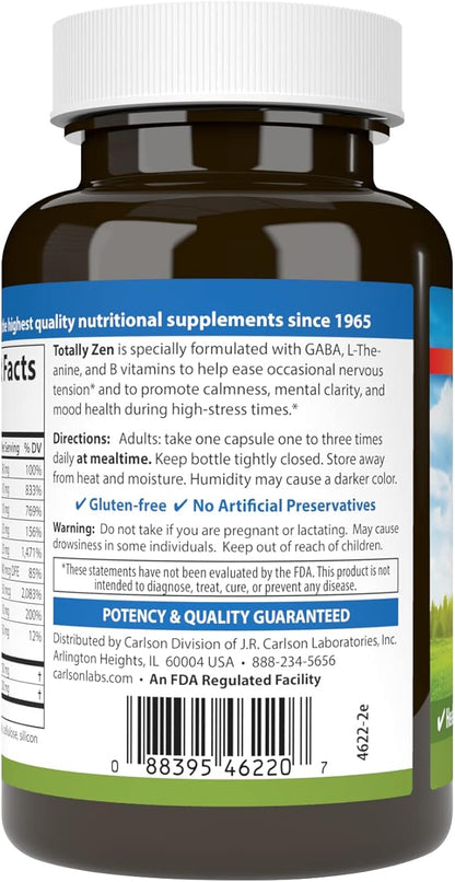 Carlson - Totally Zen, GABA, L-Theanine & B Vitamins, Healthy Mood, Promotes Calmness & Mental Clarity, 120 Capsules