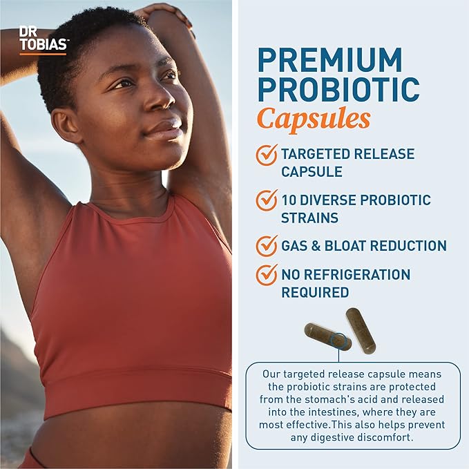 Dr. Tobias Probiotics 30 Billion, 10 Strains, 30 Billion CFU's, Targeted Release Probiotics for Digestive Health, Shelf-Stable Probiotics for Women & Men, Non-GMO, 60 Capsules, 60 Servings