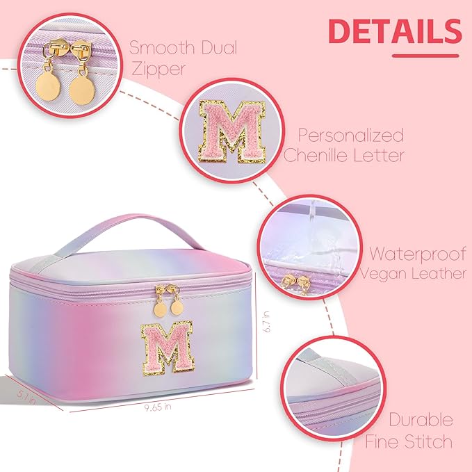 Meiyuuo Large Makeup Bag Cute Travel Pro Cosmetic Bags Personalized Chenille Letter Bag Travel Toiletry Organizer for Women Teen Girls Gifts for Her Preppy Rainbow Pink M
