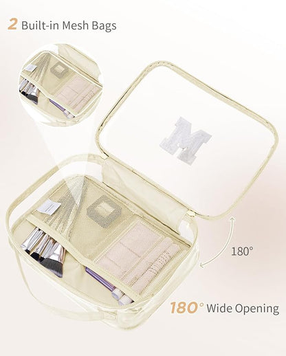 Wandering Nature Clear Makeup Bags 2 Pack Personalized Initial Makeup Pouch Preppy Small Cosmetic Pouch Organizer Travel Toiletry Bag, Birthday Gifts for Girlfriend Women