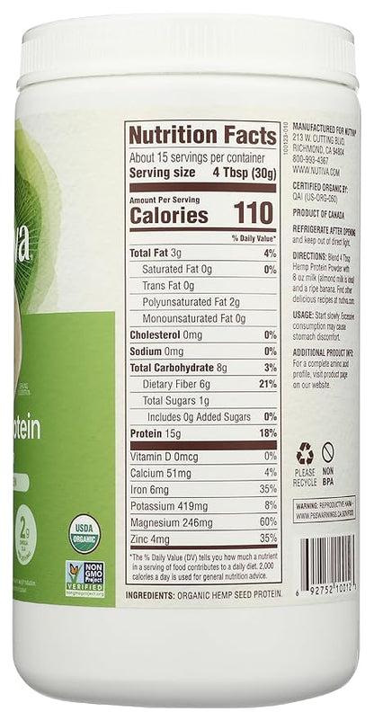 Nutiva Organic Cold-Pressed Raw Hemp Seed Protein Powder, Peak Protein, 16 Oz, USDA Organic, Non-GMO, Whole 30 Approved, Vegan, Gluten-Free & Keto, Plant Protein with Essential Amino Acids